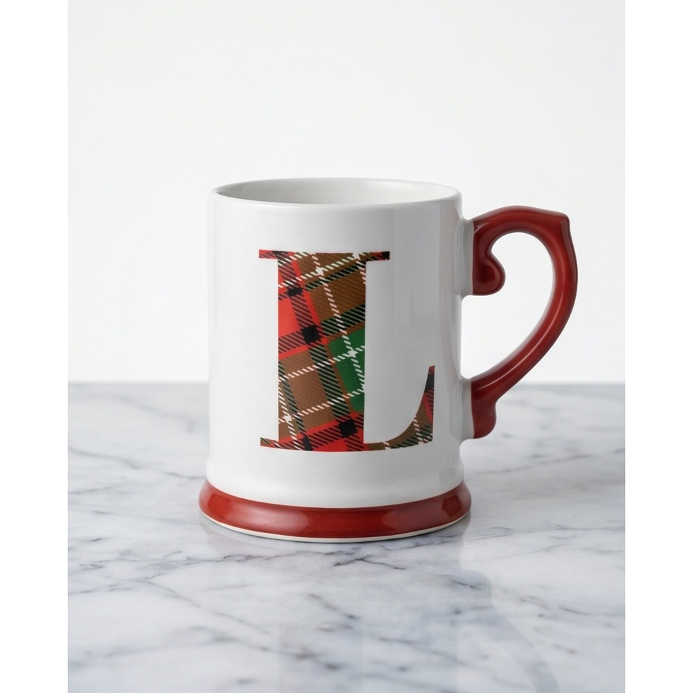 DesignPac Plaid Monogram Initial L‎ Coffee Mug Red White Tartan Christmas
